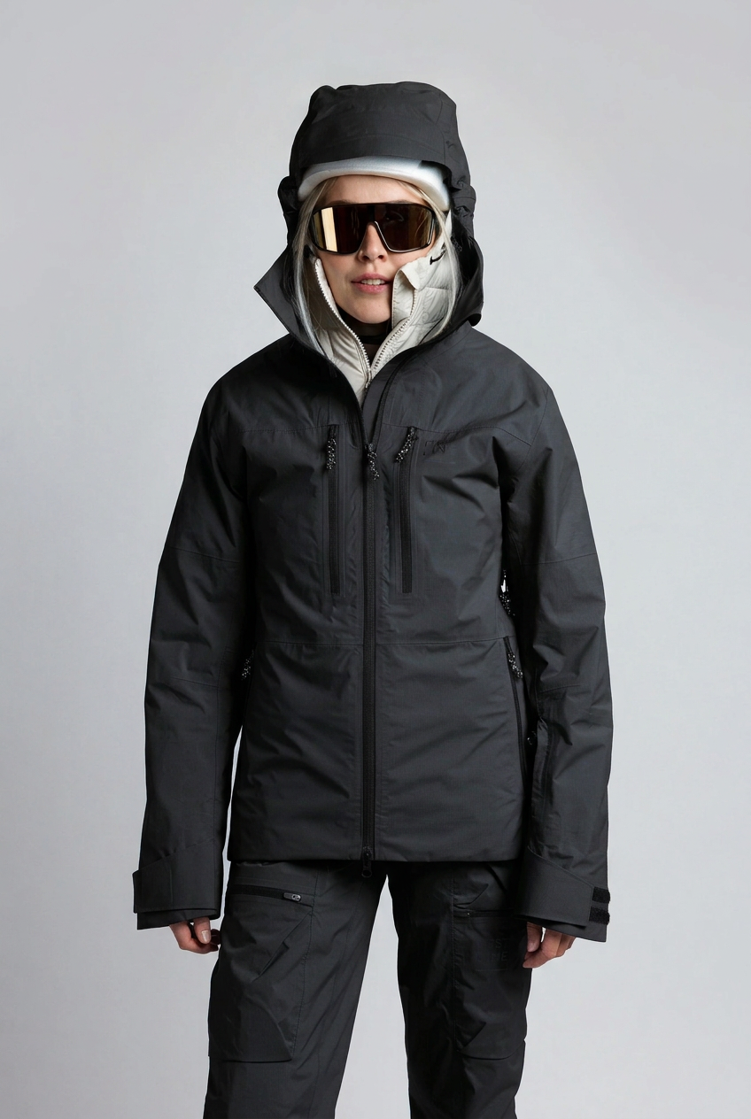 Schwarze Aussenjacke und Hose, Frontdetail