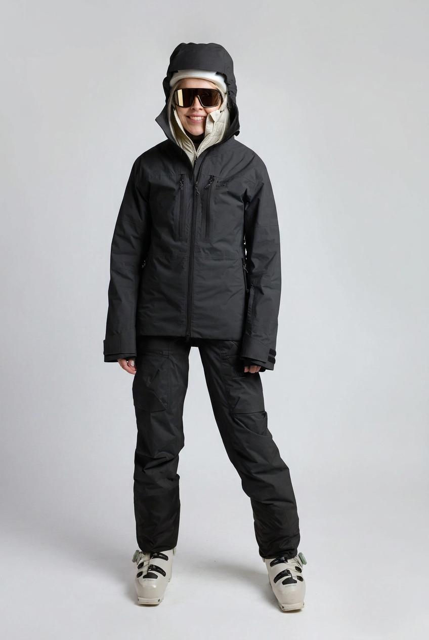 Schwarze Aussenjacke und Hose, Ganzkörperansicht